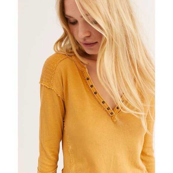 Free People We the Free Military Mix Mustard Yellow Henley Top - Picture 3 of 10